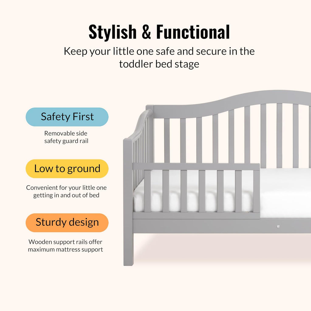 Dream On Me Austin Toddler Day Bed with Rails in Pebble Grey, Low to Floor Toddler Day Bed, Greenguard Gold & Baby Safety Alliance Certified, Non-Toxic Finishes, Side Safety Guard Rail