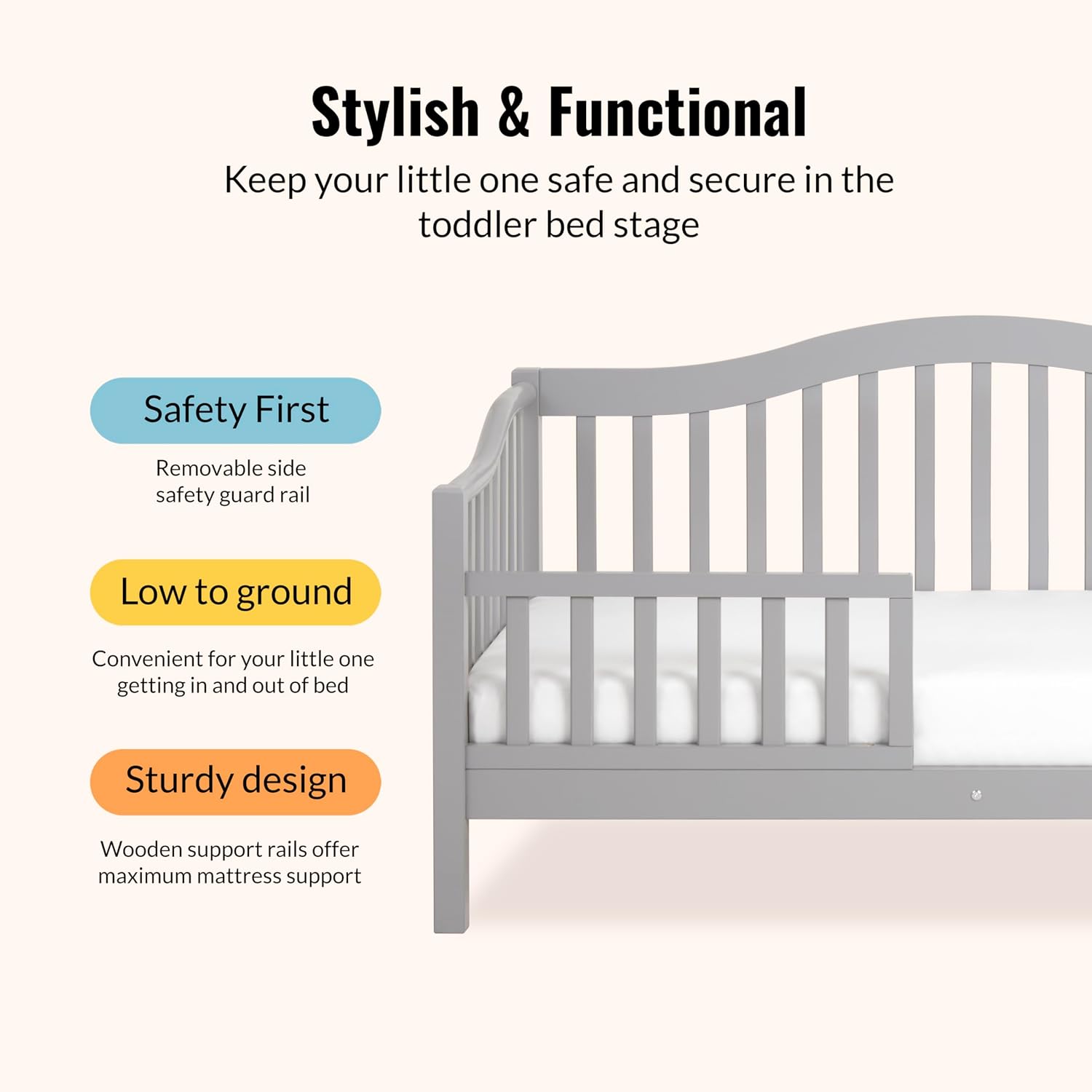 Dream On Me Austin Toddler Day Bed with Rails in Pebble Grey, Low to Floor Toddler Day Bed, Greenguard Gold & Baby Safety Alliance Certified, Non-Toxic Finishes, Side Safety Guard Rail