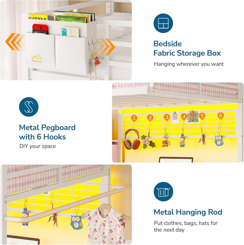 Twin Loft Bed with L-Shaped Desk, 7 Storage Drawers, Loft Bed Twin Size for Kids with LED Lights and Charging Station, Open Shelf & Pegboard, Metal Frame with Safety Guardrail & Ladder, White and Pink