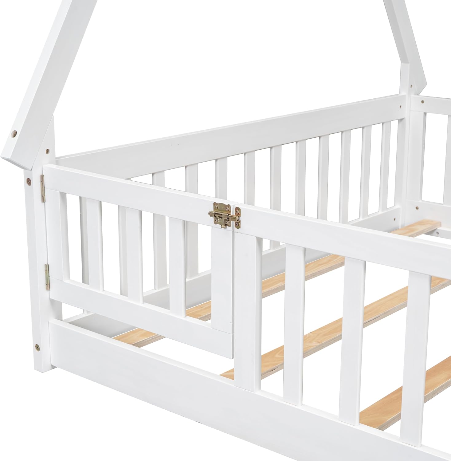 JIVOIT Full Size Tent-Shaped Floor Bed with Door, House Platform Bed Tent Bed Frame with Fence-Shaped Guardrails and Wood Slats Support, Wood Floor Play House Bed for Kids Boys Girls Teens (White,2)