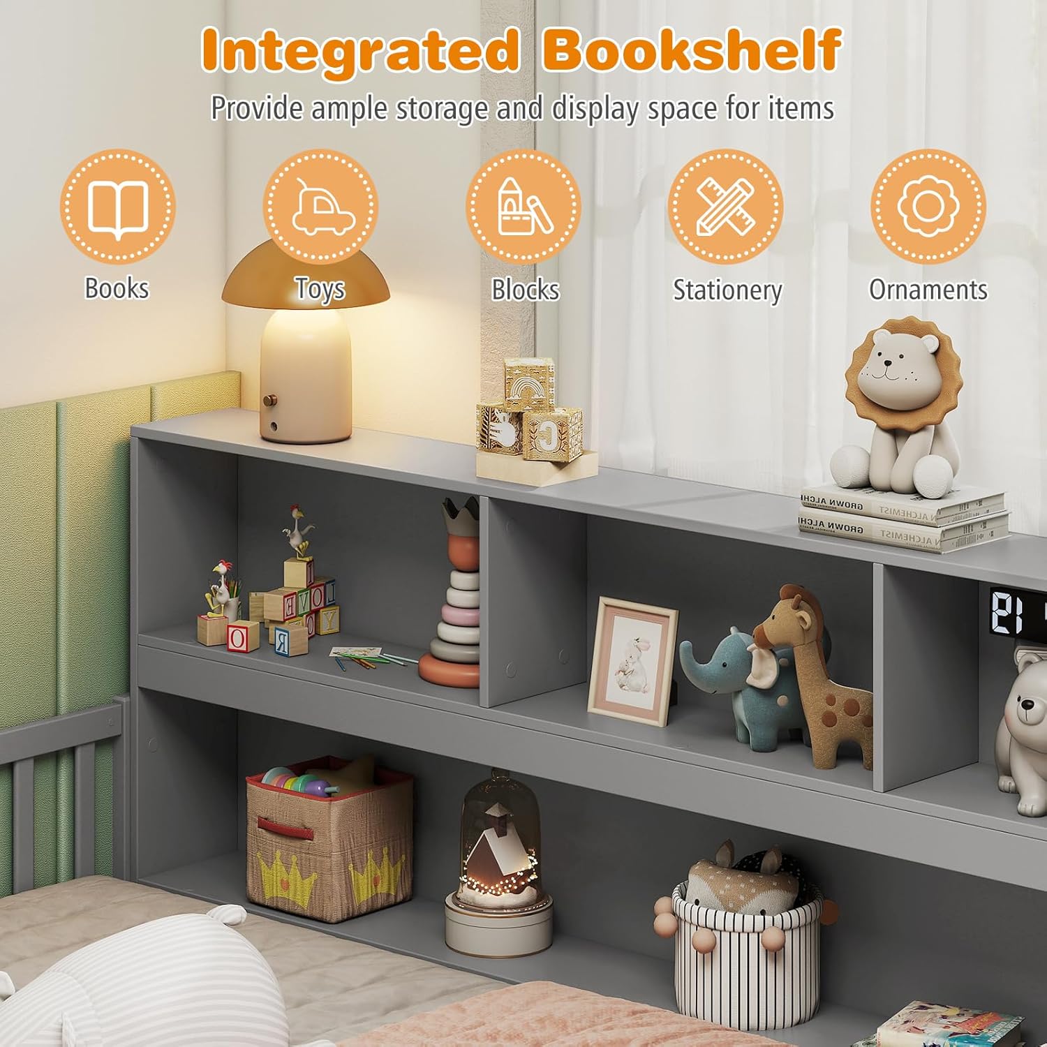 BECOMFORT Twin Floor Bed for Kids, 2-in-1 Kids Twin Floor Bed Frame with Bedside Bookcase & Safety Guardrails, Montessori Bed for Boys Girls