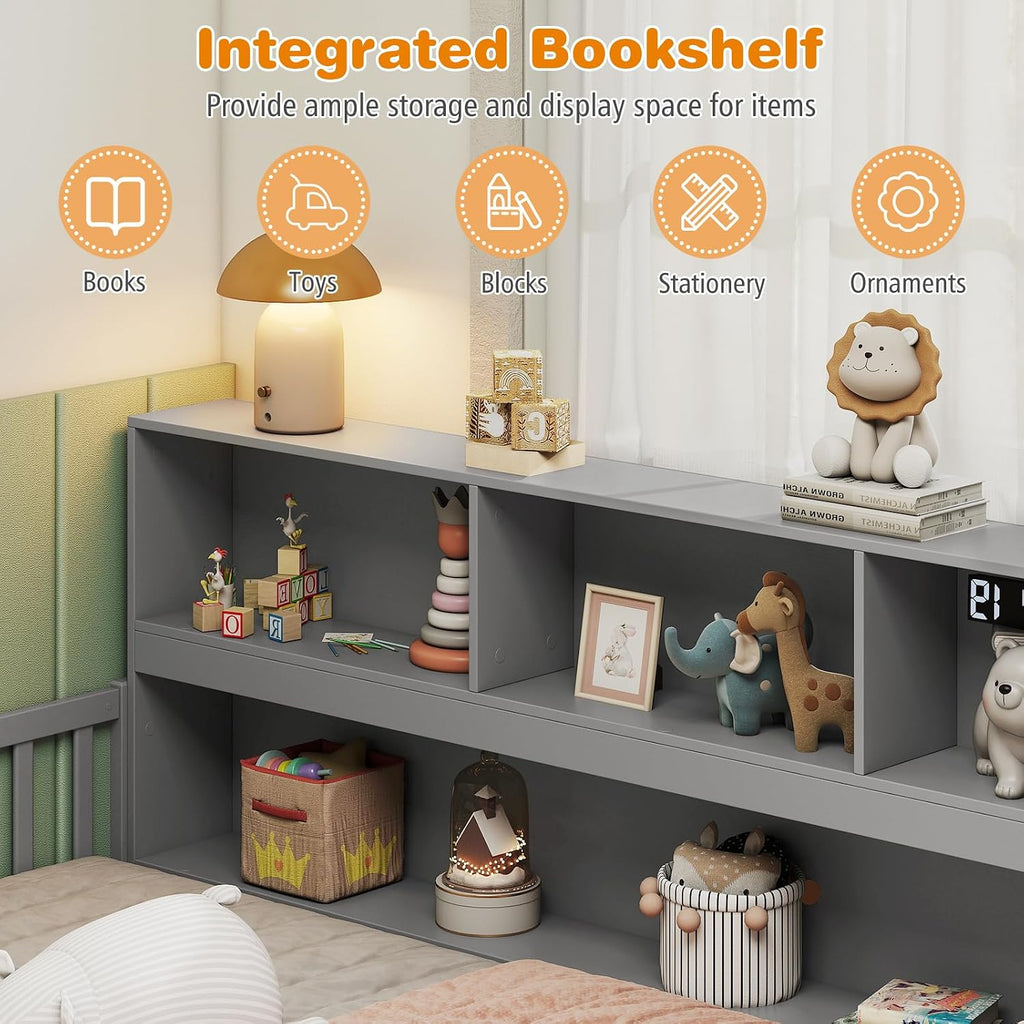 BECOMFORT Full Size Floor Bed for Kids, 2-in-1 Kids Wood Bed Frame with Bedside Bookcase & Safety Guardrails, Montessori Bed for Boys Girls