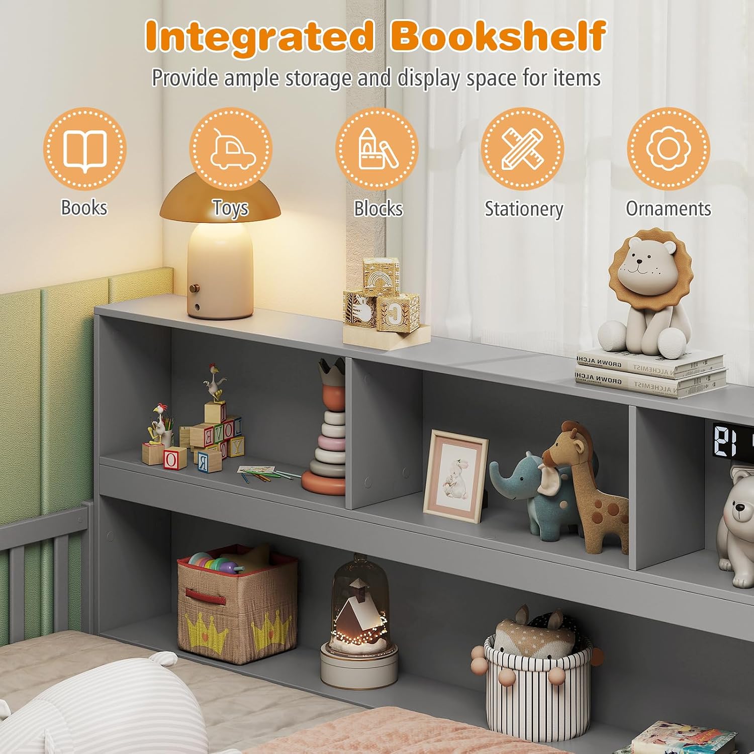 BECOMFORT Full Size Floor Bed for Kids, 2-in-1 Kids Wood Bed Frame with Bedside Bookcase & Safety Guardrails, Montessori Bed for Boys Girls