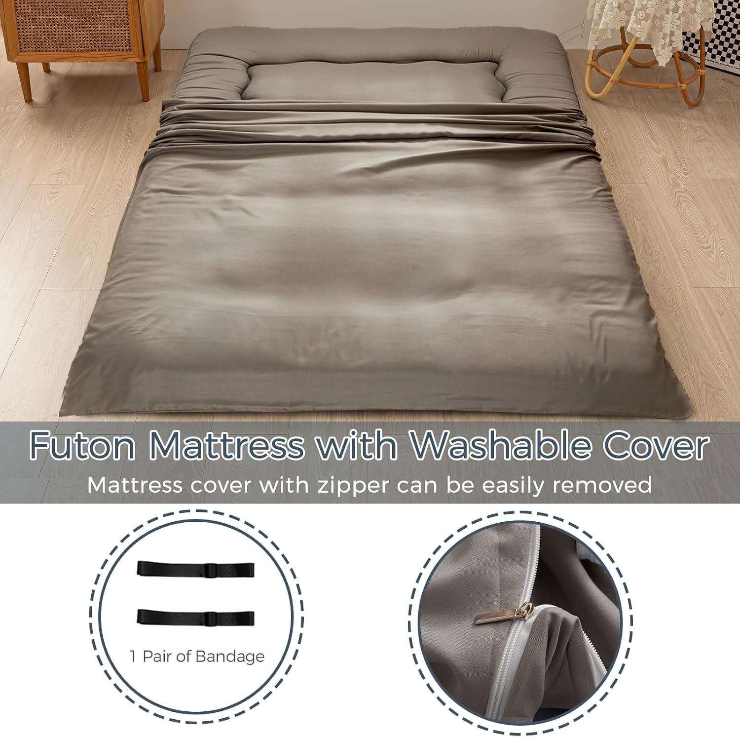 MAXYOYO 6' Extra Thick Japanese Floor Mattress Futon Mattress, Foldable Tatami Pad for Adults, Roll Up Floor Mat for Living Room Guest Room RV, Dark Grey, Twin