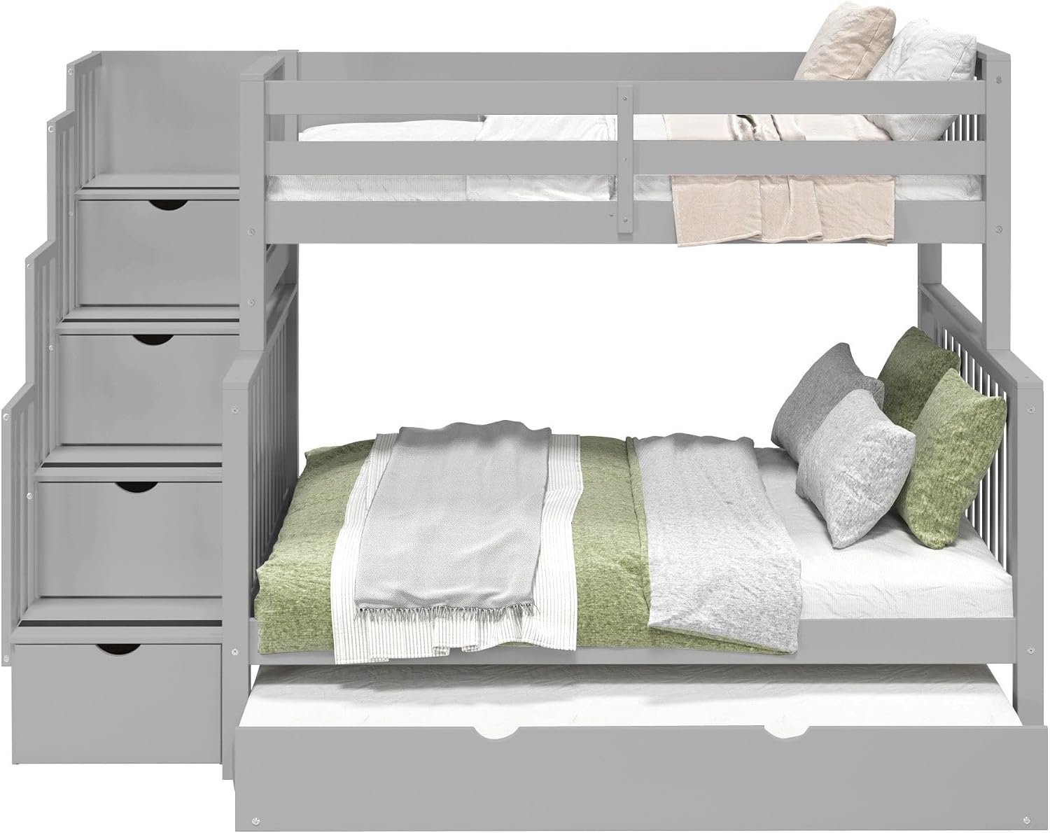 Bedz King Stairway Bunk Beds Twin Over Full, 4 Step Drawers, Twin Trundle, Gray