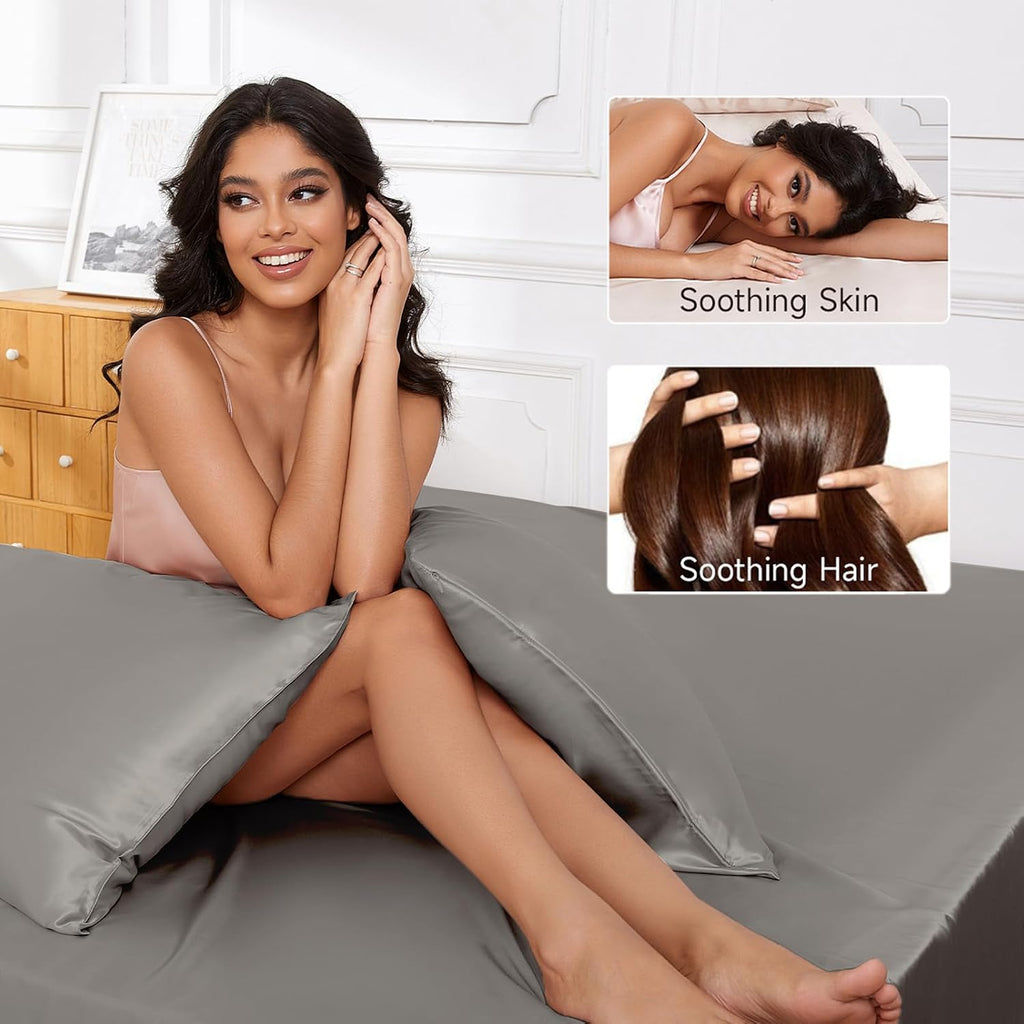 Twin XL Size 4-Piece Sheet Set Premium Mulberry Silk Bed Sheets Set Fits 14-16' Deep Pocket - Luxurious Soft Silk (Solid, Elephant Grey)