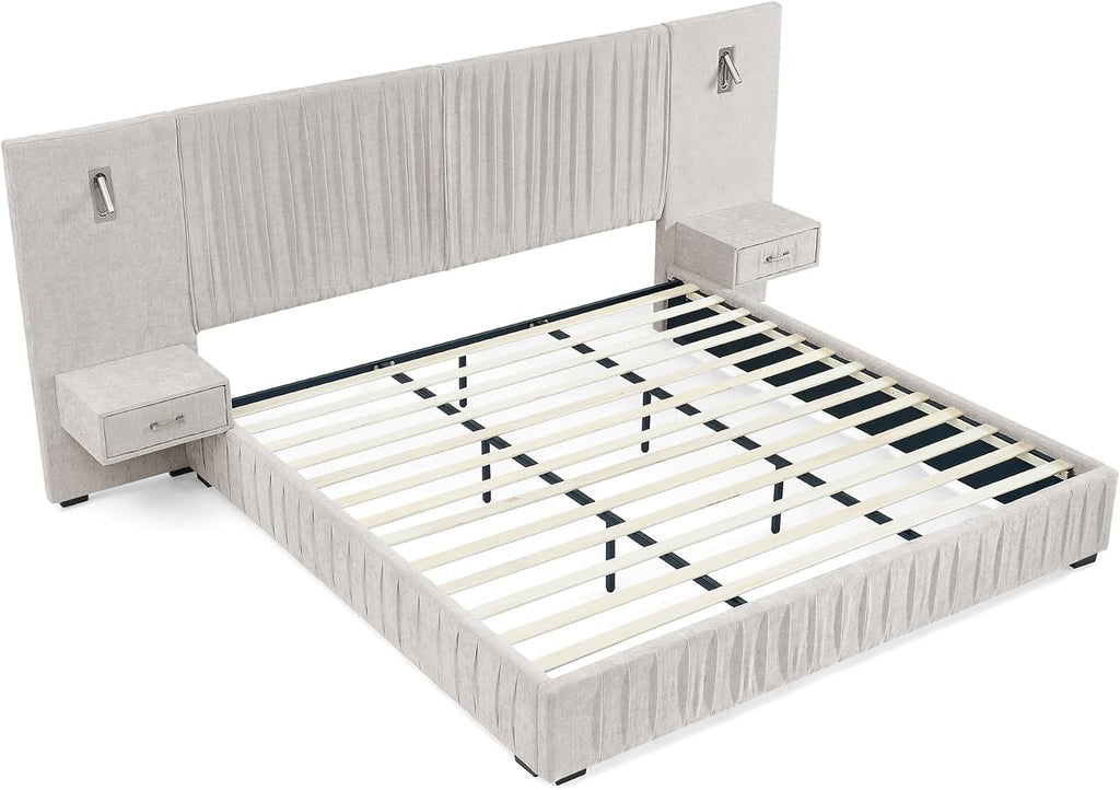 Merax Chenille Upholstered Queen Size Bed Frame with Wide Headboard and 2 Small Nightstands, Low Platform Bed Frame with Small Reading Lamp and Pleating Design for Adults, No Box Spring Needed, Beige