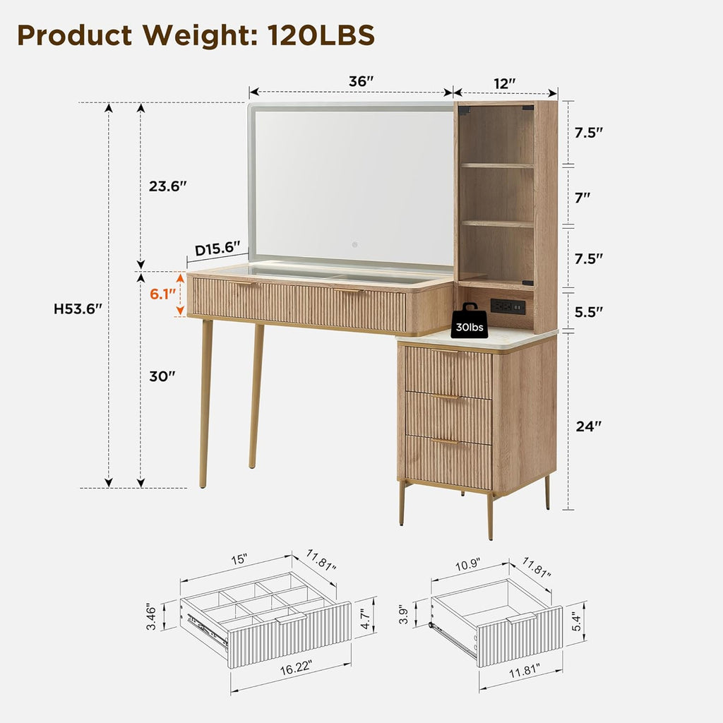 T4TREAM Fluted Makeup Vanity Desk with 36' HD Lighted Mirror, 48' Big Modern Vanity Desk with Mirror and Lights, Dressing Table with 5 Drawers & Shelves, Glass Top for Bedroom (Natural Oak)
