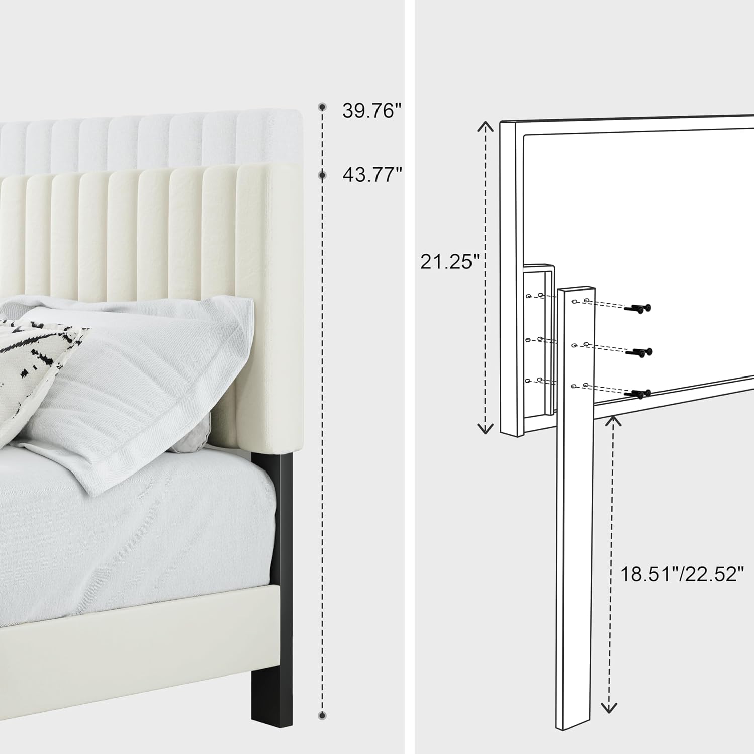 Queen Bed Frame, Velvet Upholstered Platform Bed Frame with Adjustable Headboard, Vertical Quilted Design, Sturdy Slatted Mattress Base, Easy to Assemble, White