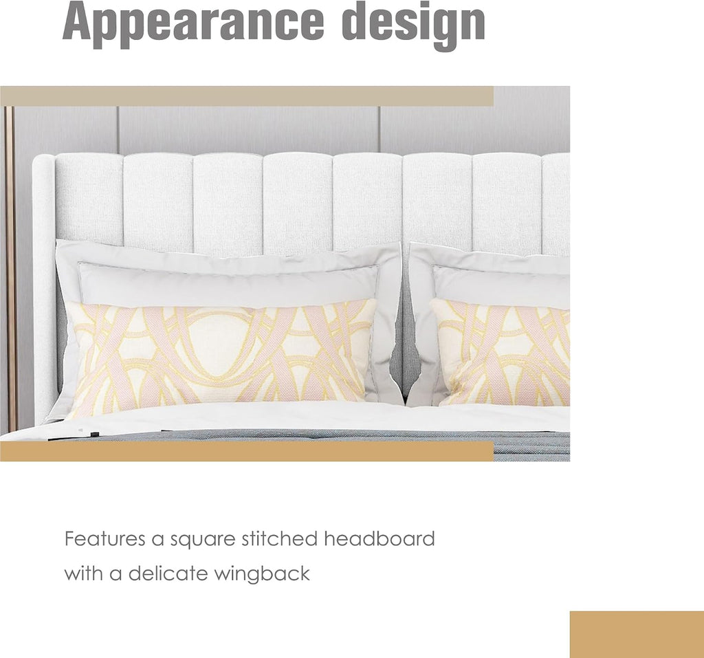 AGARTT Upholstered Platform Bed Frame King Size with Headboard and Footboard/Wooden Slats Support/No Box Spring Needed/Easy Assembly,White Linen