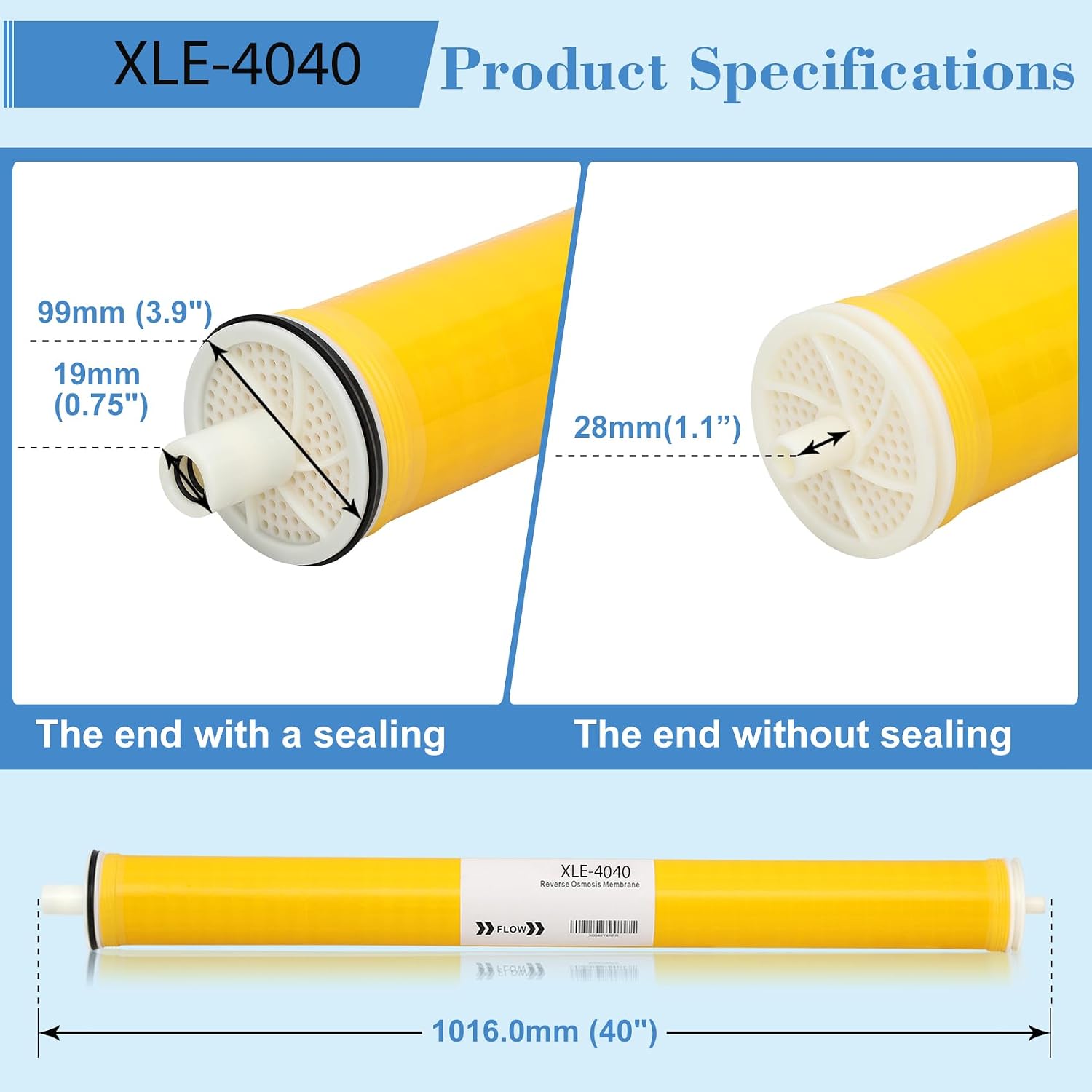 XLE-4040, XLE 4040 Reverse Osmosis Membrane for DOW Filmtec Membrane Replacement, 2600GPD, TDS≤1000ppm, Salt Rejection 99%, 4 x 40 RO Membrane for Desalination, Commercial, Industrial, NSF Certified