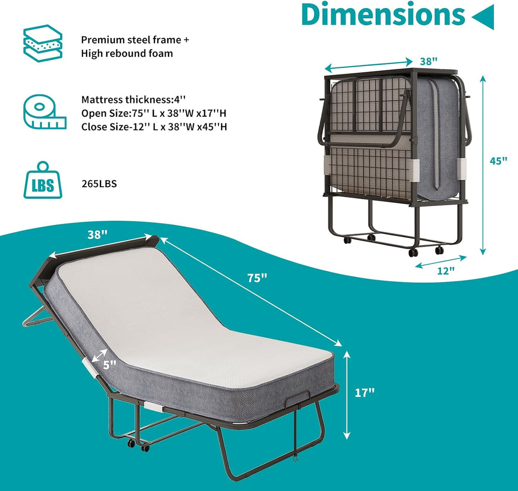 BALUS Folding Bed with Mattress for Adults, 75 ''L X 38''W Rollaway Bed with 5'' Memory Foam Mattress, Portable Foldable Frame with Dustproof Bag & Baffle (Upgrade)