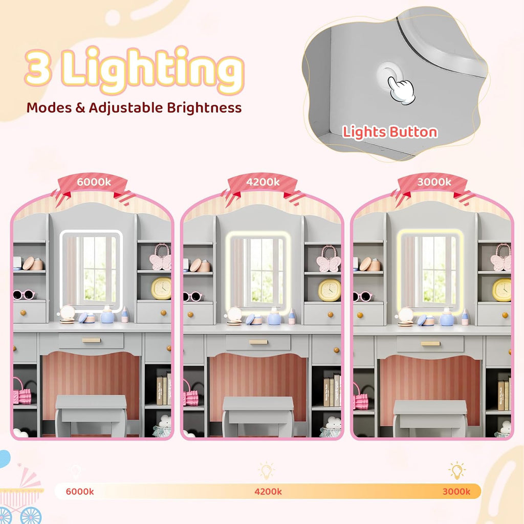 Arlopu Kids Vanity with 3-Color Lights, Girls Vanity Set w/Large Storage, Mirror ＆ Stool, 2 in 1 Princess Wooden Pretend Play Makeup Desk, Dressing Table and Chair, Open Shelves, Drawer (Grey)