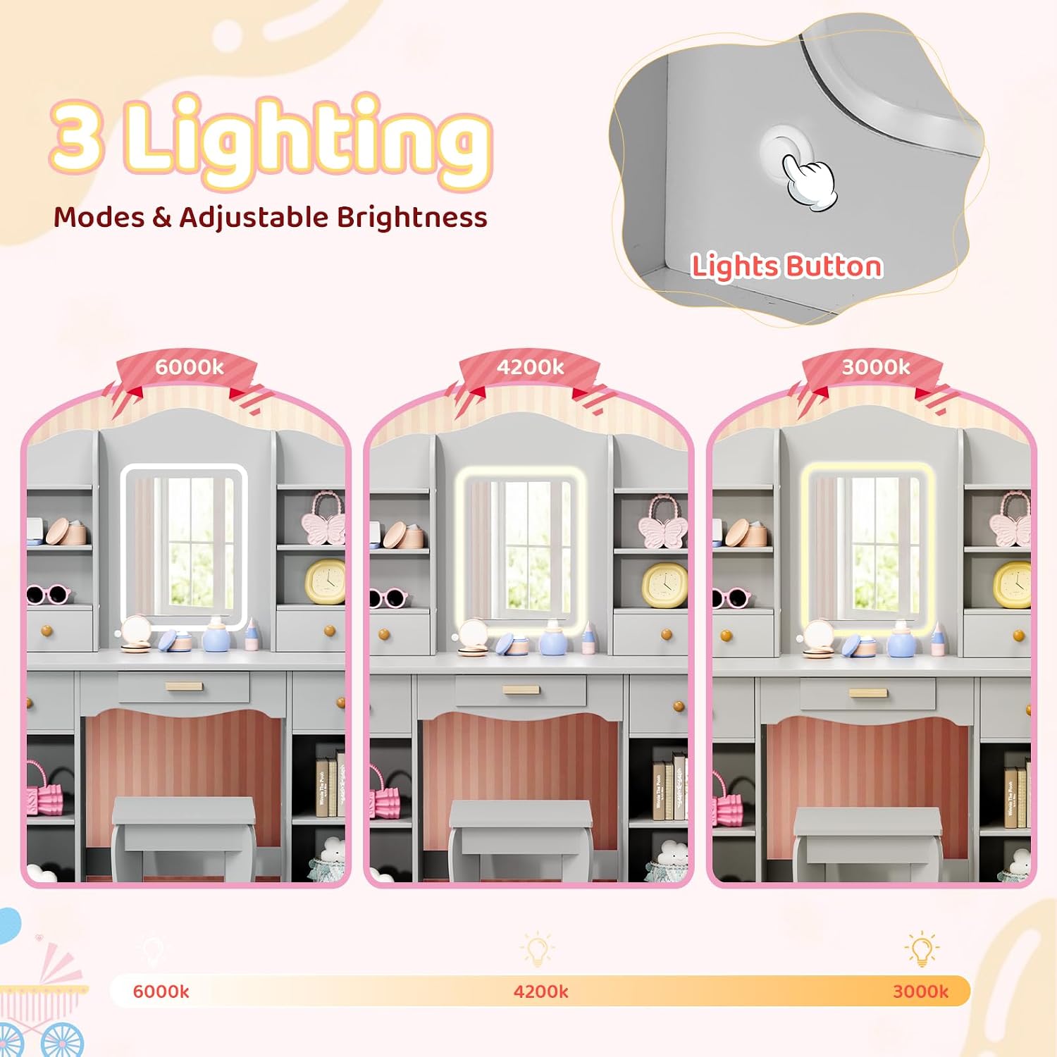 Arlopu Kids Vanity with 3-Color Lights, Girls Vanity Set w/Large Storage, Mirror ＆ Stool, 2 in 1 Princess Wooden Pretend Play Makeup Desk, Dressing Table and Chair, Open Shelves, Drawer (Grey)