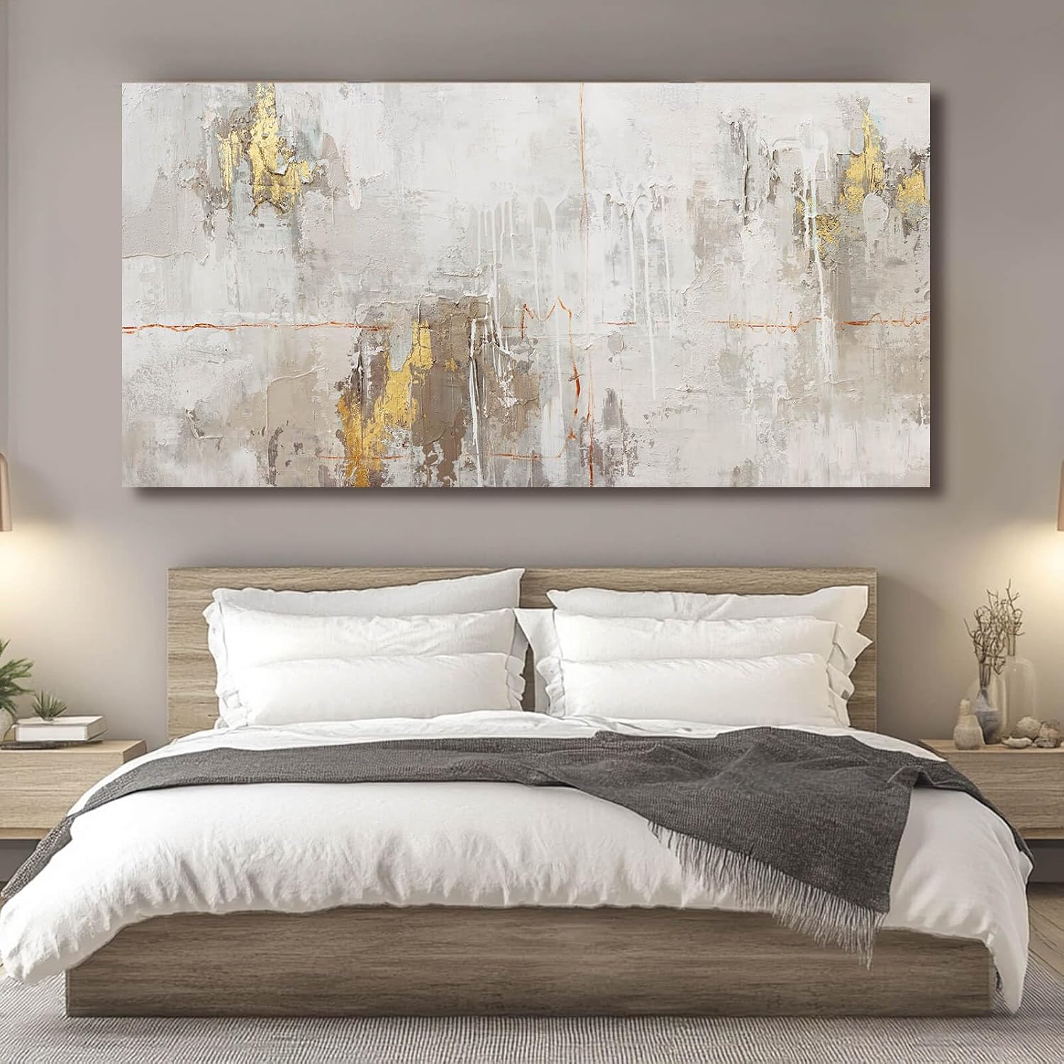 VAYIMDH Minimalist Wall Decor White with Gold Canvas Wall Art Grunge Posters Modern Abstract Paintings for Living Room Bedroom Dining Room 29'x 58'