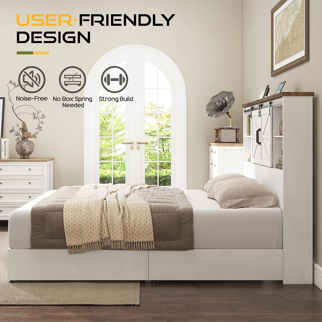 HOWE Farmhouse Full Size Bed Frame with 51.2' Bookcase Headboard, Wooden Platform Bed with 2 Drawers, Sliding Barn Door Dec, Storage Bed with Charging Station, No Box Spring Needed, White