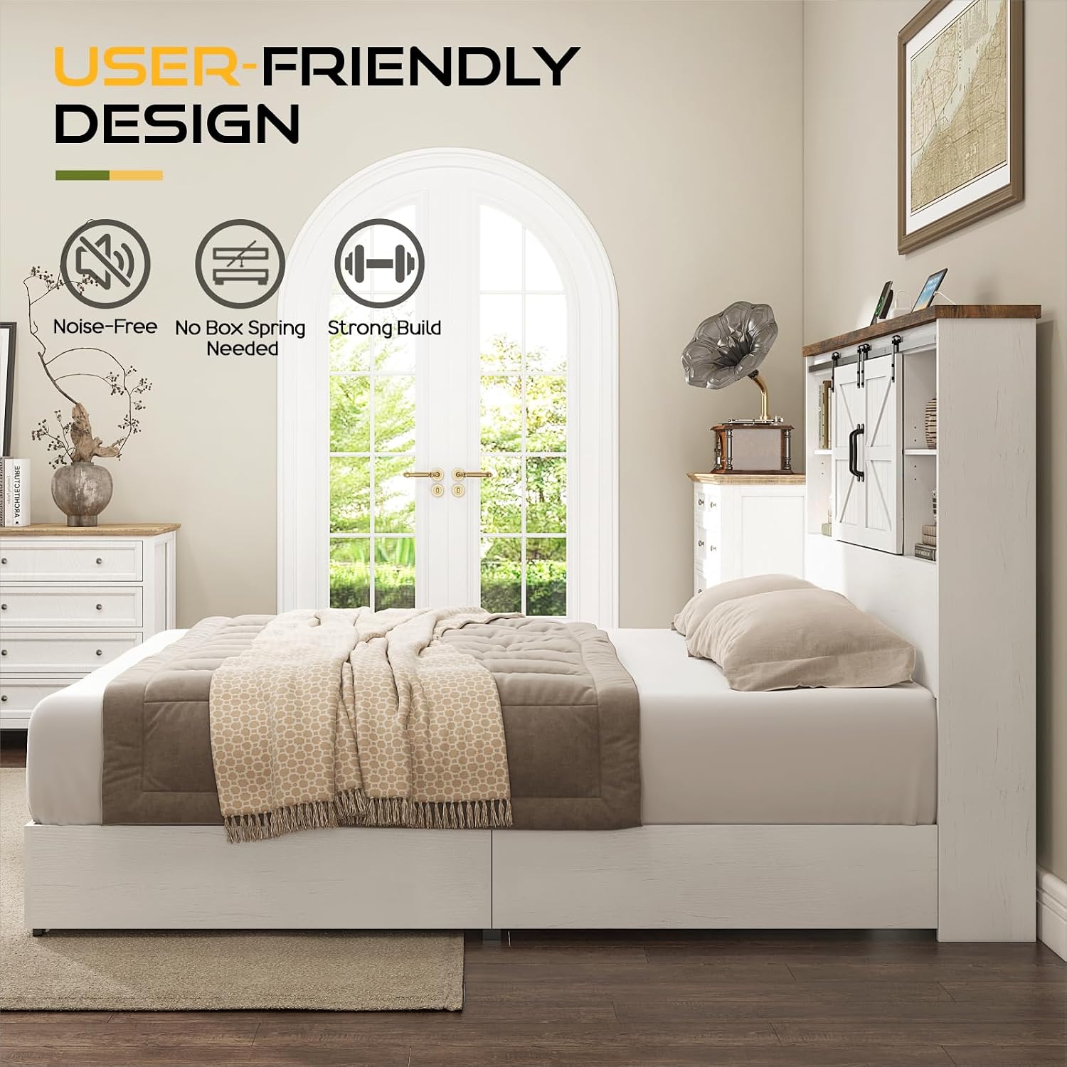 HOWE Farmhouse Full Size Bed Frame with 51.2' Bookcase Headboard, Wooden Platform Bed with 2 Drawers, Sliding Barn Door Dec, Storage Bed with Charging Station, No Box Spring Needed, White