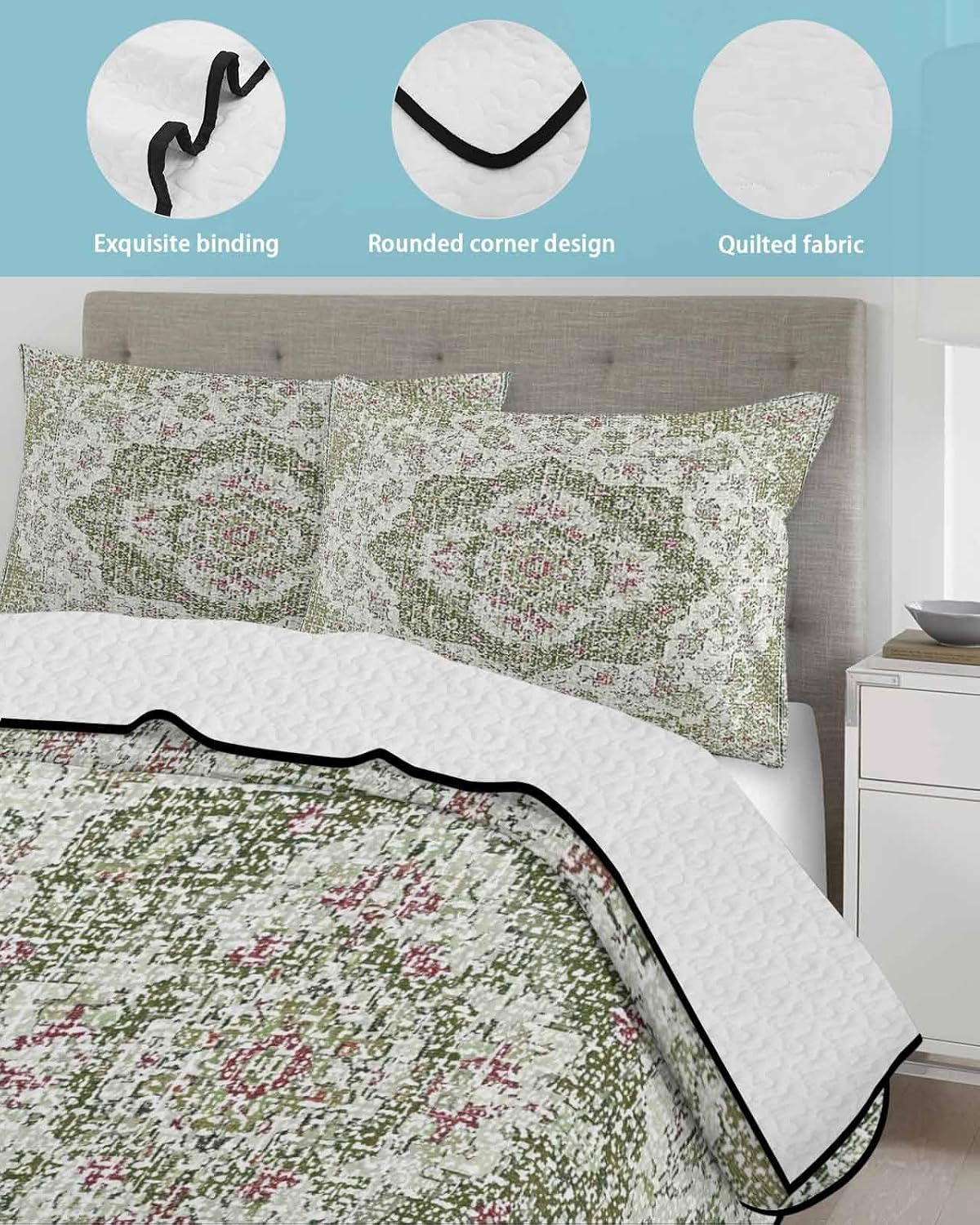 Quilt King Size Bedding Set, Sage Green Boho Lightweight Summer Quilt 3 Pieces Bedding Sets, Vintage Abstract Art Ethnic Tribe Reversible Soft Bedspreads Coverlets with 2 Pillow Shams for All Season