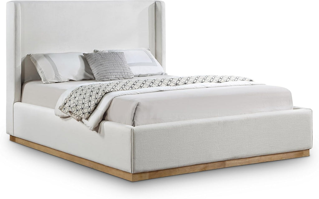 Meridian Furniture FlynnCream-F Flynn Collection Modern | Contemporary Full Bed with Cream Linen Textured Fabric, Natural Finish Solid Wood Base, Wing Back, 58.5' W x 82.5' D x 52' H, Cream, Full
