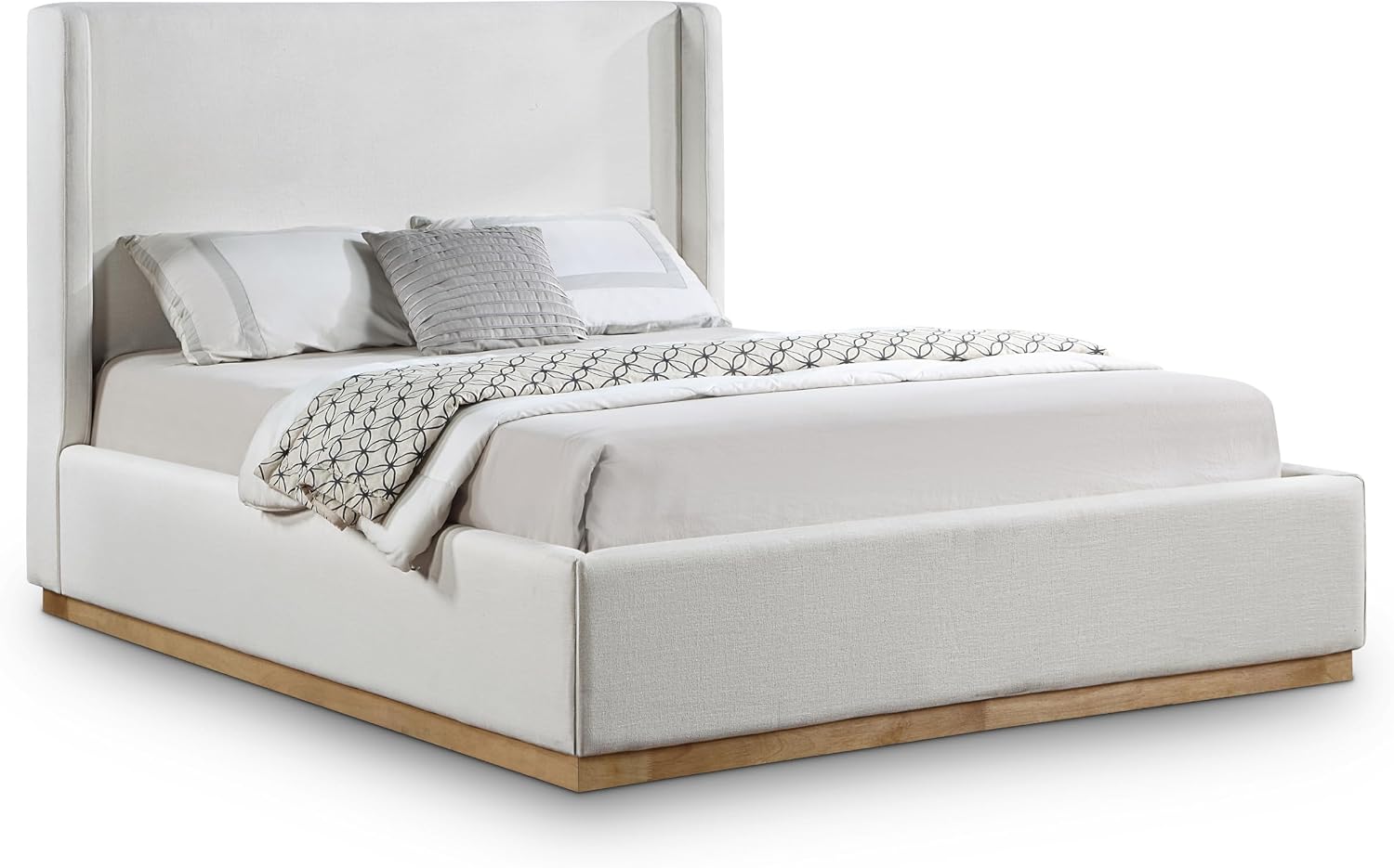 Meridian Furniture FlynnCream-F Flynn Collection Modern | Contemporary Full Bed with Cream Linen Textured Fabric, Natural Finish Solid Wood Base, Wing Back, 58.5' W x 82.5' D x 52' H, Cream, Full