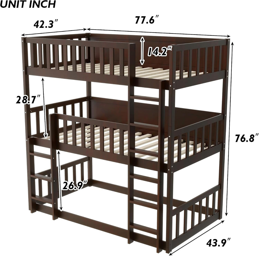 Twin Size Triple Rubber Wood Bunk Bed, Detachable Bunk Bed with Ladders, Guardrails, Twin Over Twin Over Twin for Kids, Espresso