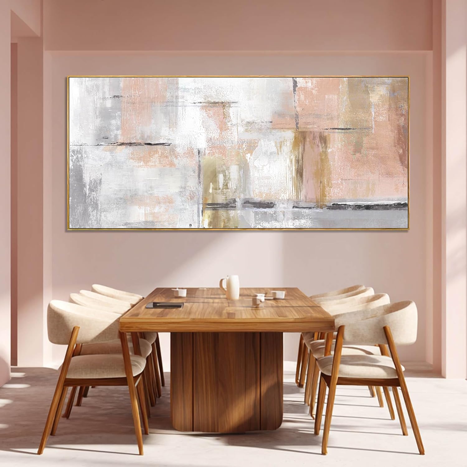 SOUGUAN Contemporary Home Wall Decor Pink and White Canvas Painting Abstract Wall Art 32'x70' Decorations for Bedroom Kitchen Artwork