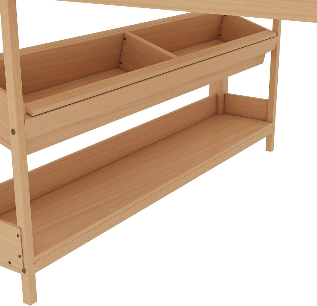 MERITLINE Full Loft Bed with Desk & Blackboard, Twin Multi-Functional Bed with Storage, All-in-One Study & Play Design (Natural)