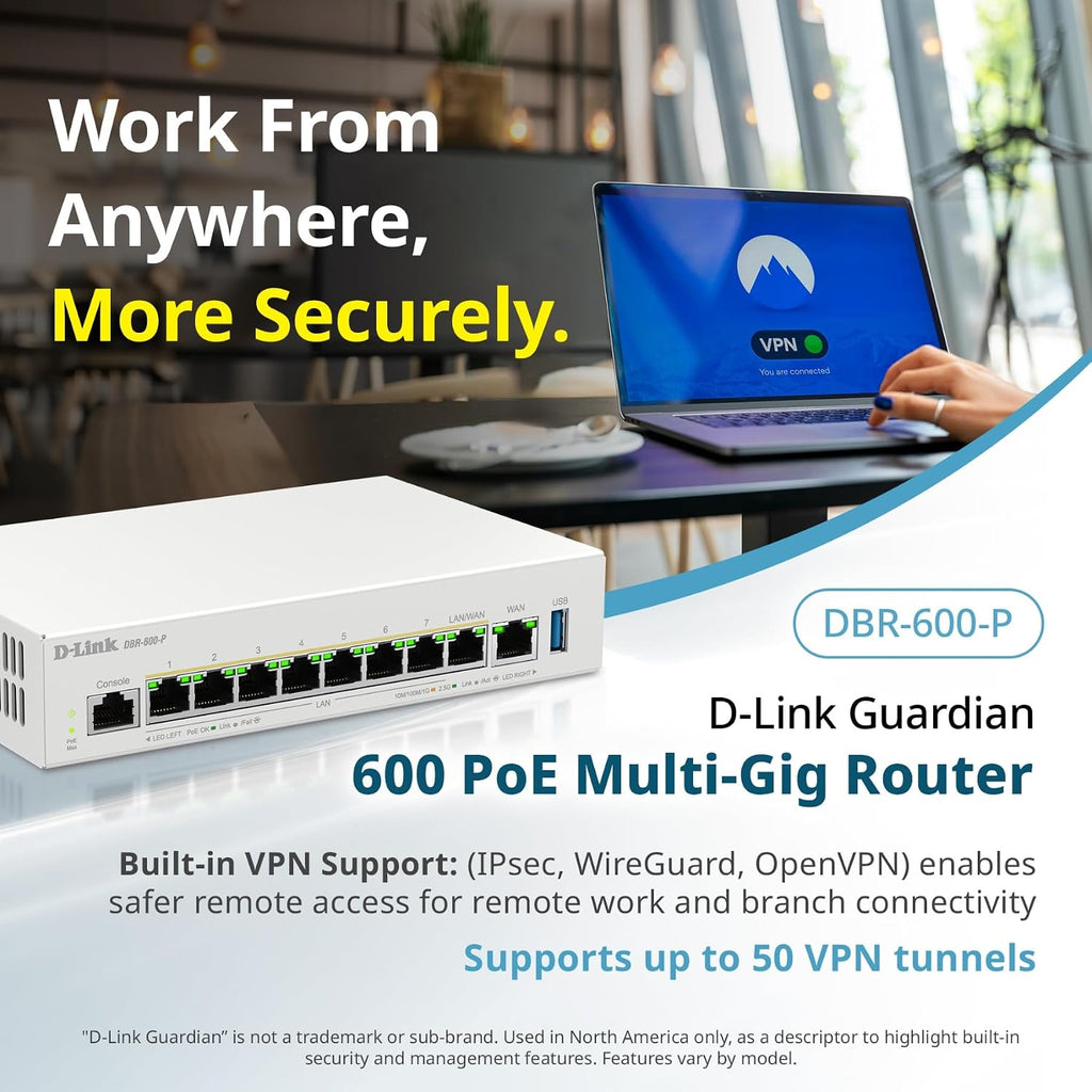 D-Link Guardian 600 PoE Multi-Gig Business Router (DBR-600-P), Premium Router with Multi-WAN Failover, SPI Firewall, 8X 2.5GbE PoE+ LAN, VPN