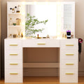 ERLEJIA Vanity Desk with Mirror and Lights, Large 43' White Makeup Vanity Desk with 9 Drawers and Power Outlet, 3 Open Shelves and 1 RGB Lighting Cabinet, White and Gold