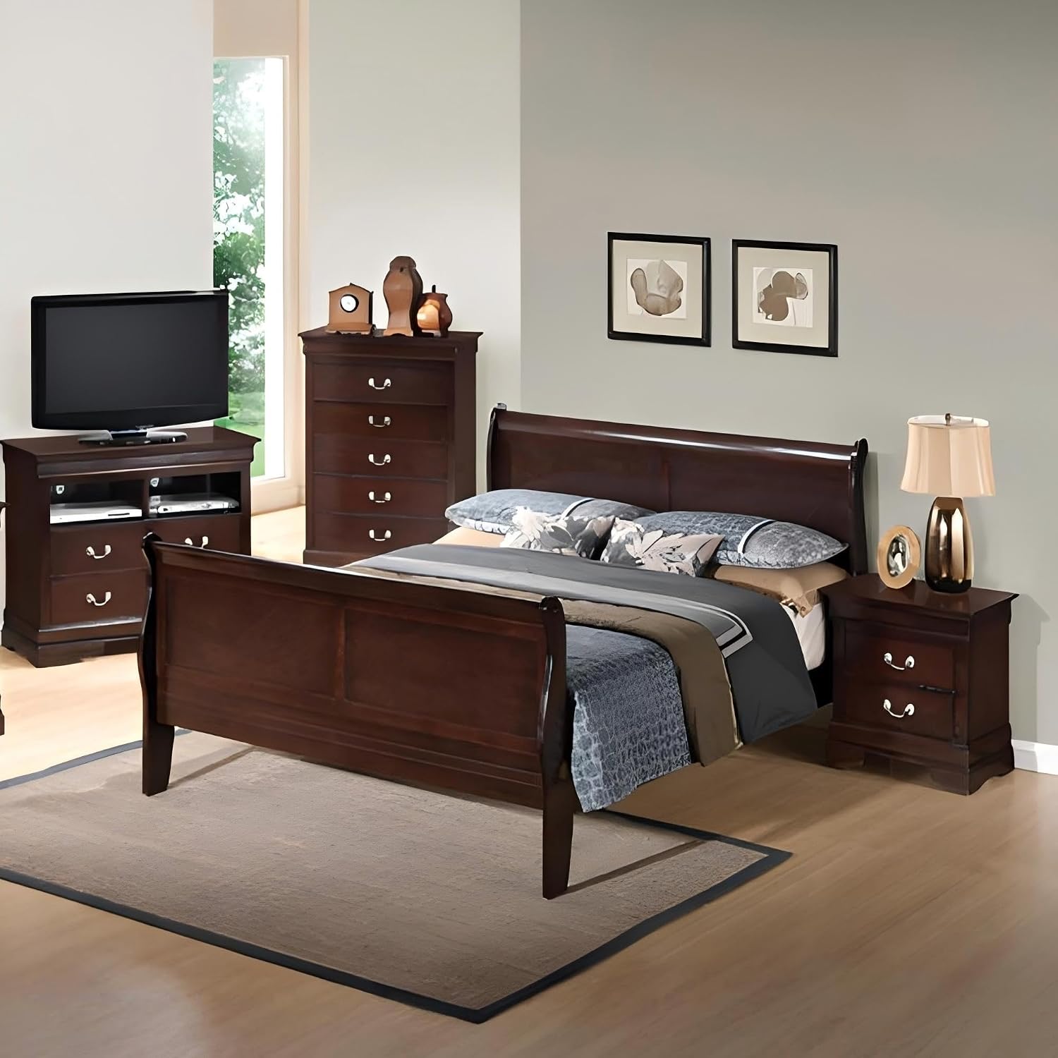 GDFStudio Queen Size Wood Platform Bed Frame, Classic Sleigh Design with Curved Trim & Wood Posts,Easy Assembly, Box Spring Required,Timeless Elegant Bedroom Furniture,Cappuccino