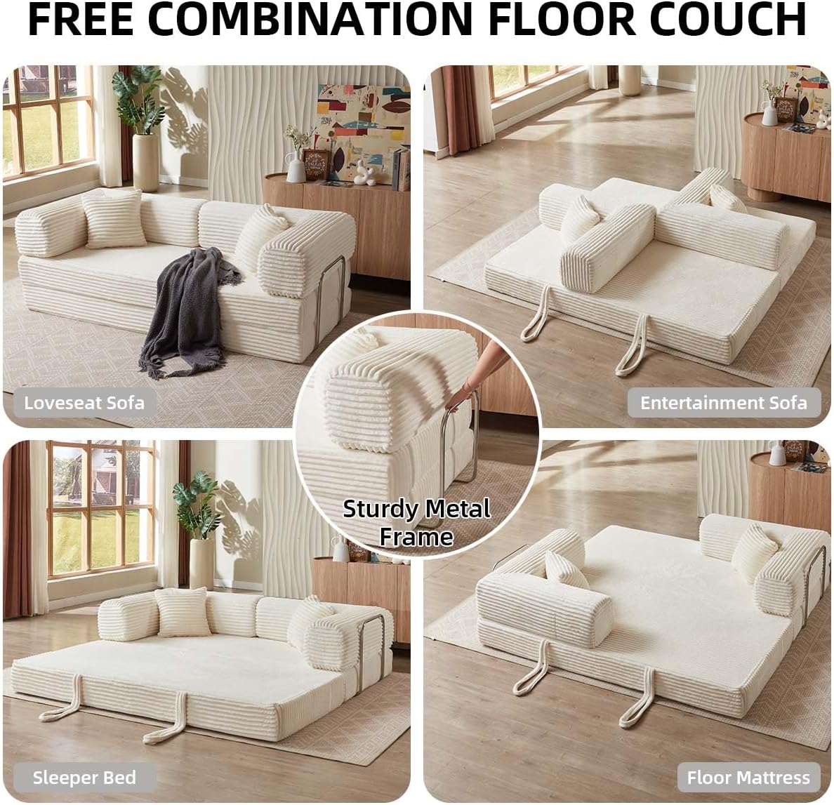 81 Inch Convertible Folding Sofa Bed,Fold Out Floor Sofa Couch with Fixed-Shape Frame,Corduroy Foldable Mattress Cloud Couch for Living Room Bedroom (Off White)