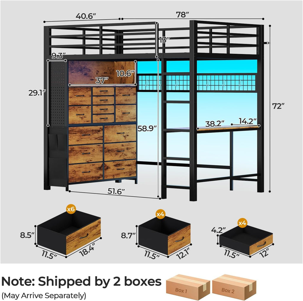 ADORNEVE Twin Loft Bed with Desk,14 Storage Drawers & Power Outlet, Kids Loft Bed Twin Size with LED Lights, Metal Loft Beds with Safety Guardrail & Ladder, Space Saving for Teens, Rustic Brown