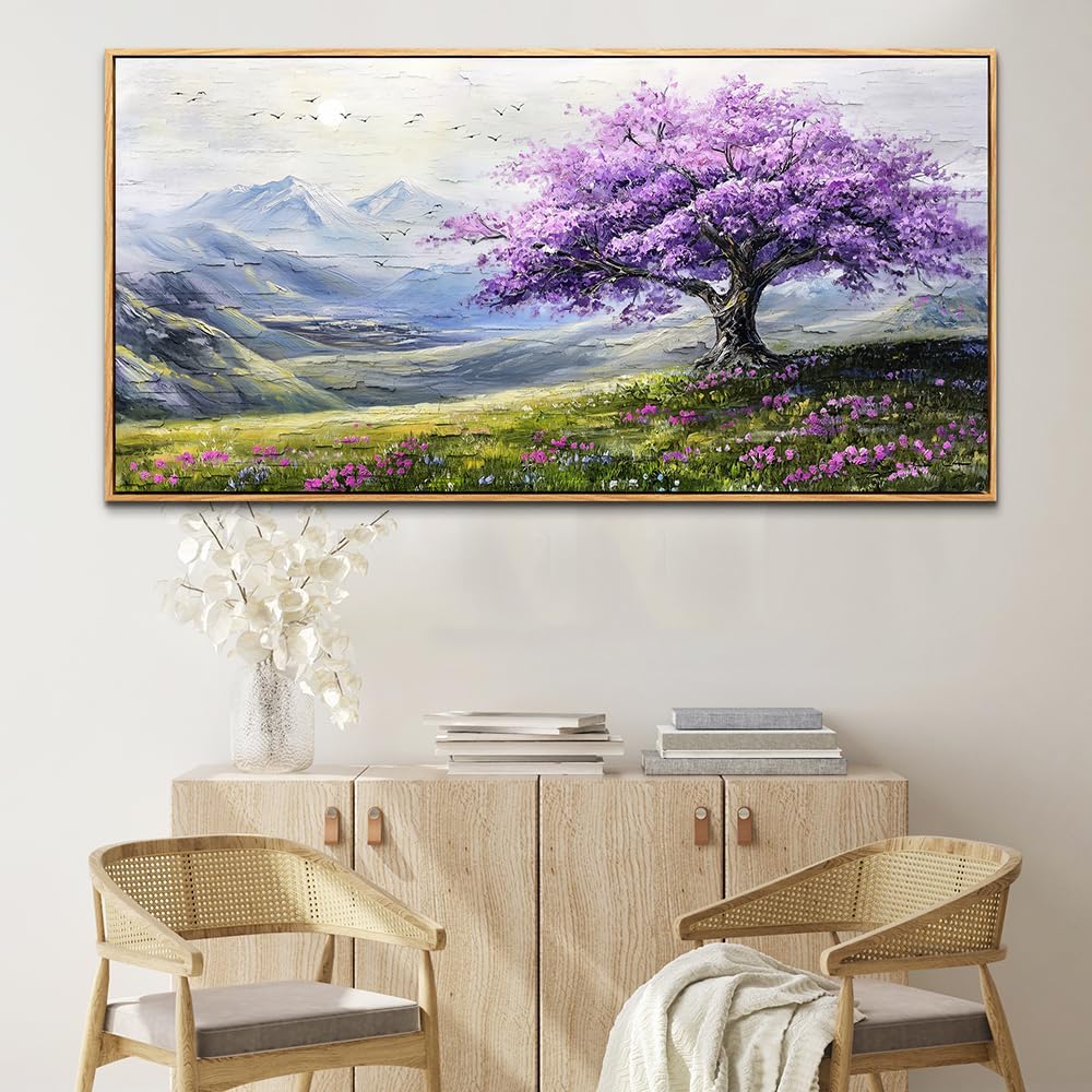 ZUITINGHUA Large Wood Framed Canvas Wall Art For Living Room Wall Decor For Bedroom Office Decorations Purple Tree Wall Paintings Abstract Scenery Pictures Artwork Aesthetic Family Mural 30x60 In