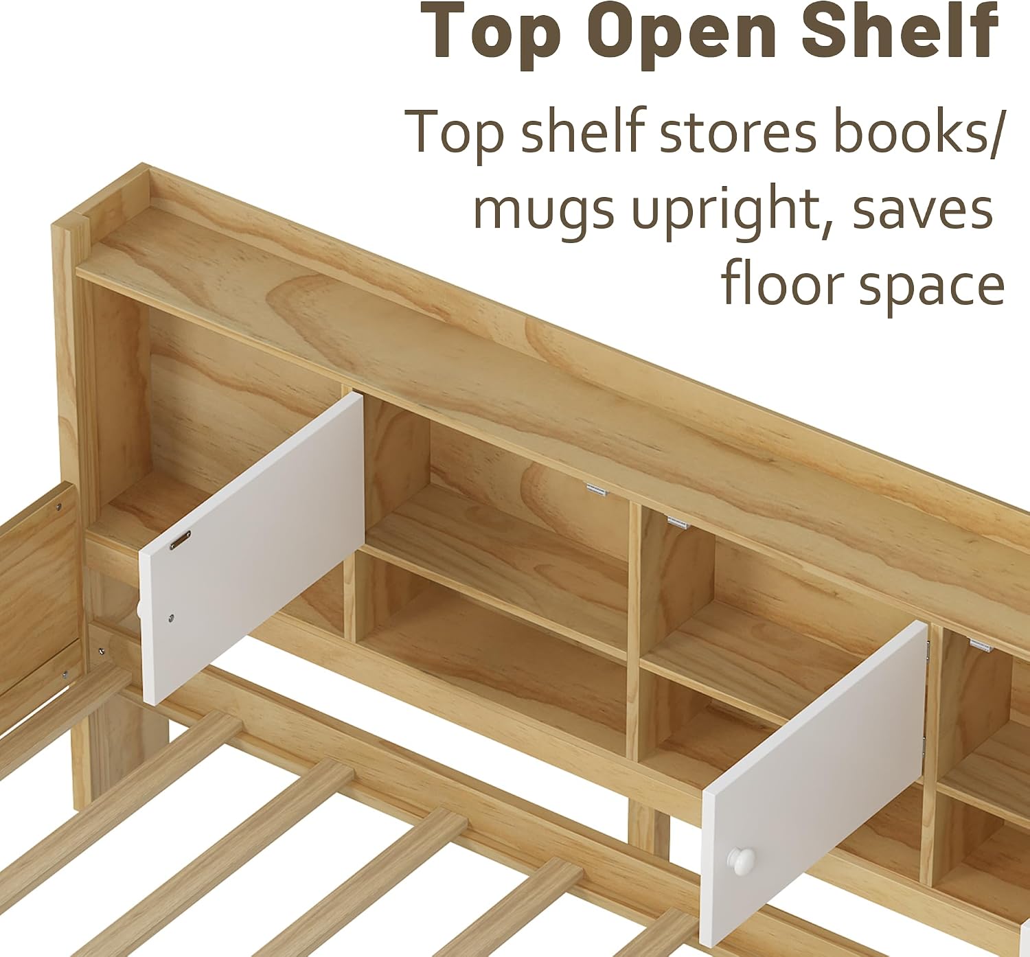 Twin Bed Frames with Storage, L-Shaped Corner Beds with Desk, Wood Daybed with Bookcase, Platform Beds with Drawers and Shelves for Living Room, Bedroom, Teens Room, Natural