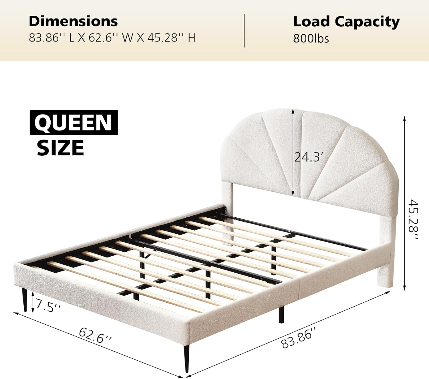 VELOCAVA Upholstered Queen Bed with Seashell Headboard, Soft Boucle Platform Bed with Rounded Corners Design, Wooden Slats Support, No Box Spring Needed, Easy Assembly, Cream White