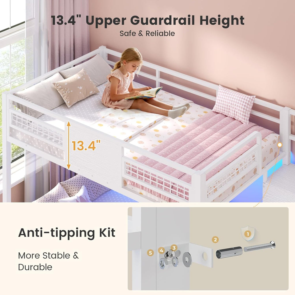 BTHFST Bunk Bed Twin Over Twin with Stairs, LED Lights Twin Bunk Bed with 2 Storage Drawers & 6 Fabric Drawers, Metal Twin Loft Beds with Guardrail & Stairs, Space Saving, Sturdy Frame for Teens