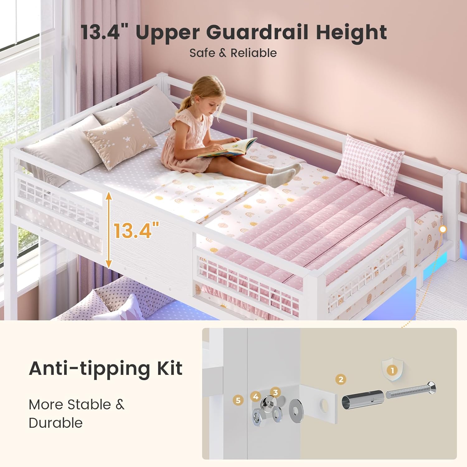 BTHFST Bunk Bed Twin Over Twin with Stairs, LED Lights Twin Bunk Bed with 2 Storage Drawers & 6 Fabric Drawers, Metal Twin Loft Beds with Guardrail & Stairs, Space Saving, Sturdy Frame for Teens