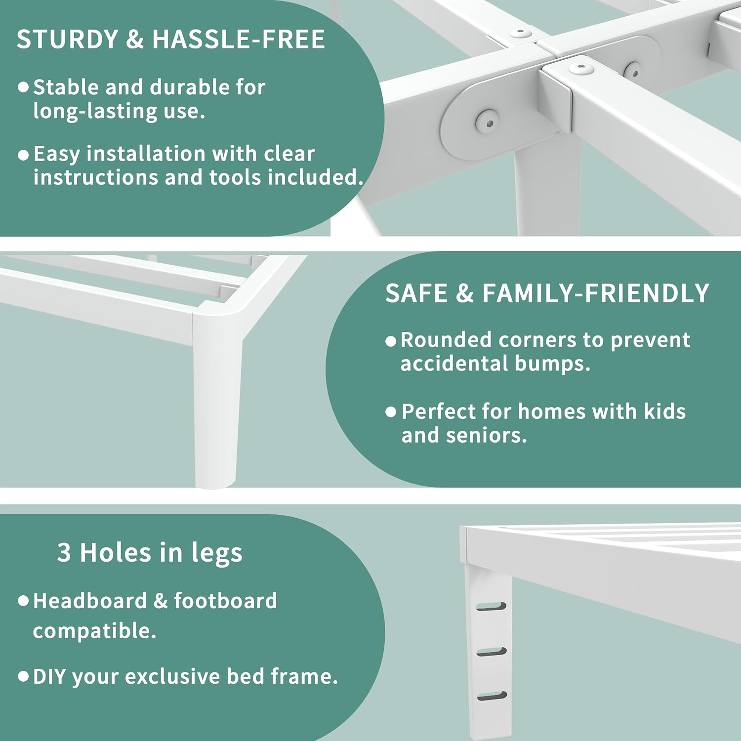 ITIMIDI 16 Inch Full White Bed Frames No Box Spring Needed, Metal Platform Bed Frame Full Size, Heavy Duty Steel Support 3500 LBS, Storage Space, Round Corner Legs, Noise Free, Easy Assembly
