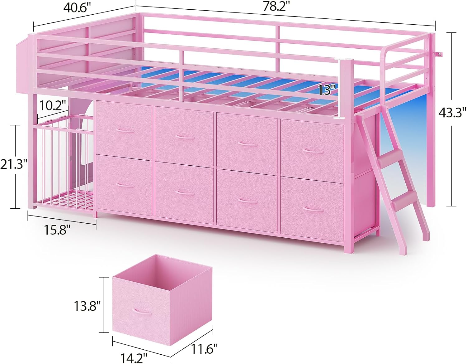 UPOSOJA Twin Size Low Loft Bed with RGB Lights & Play Zone, 8 XL Drawers, Kids Play Loft with 2-Step Ladder & Anti-Tip Kit (Pink)