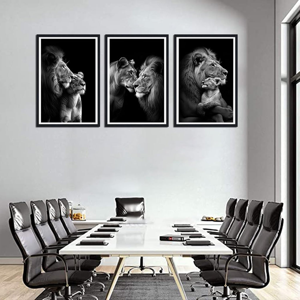 African Lion Framed Canvas Wall Art Set of 3 Lion and Lioness Hug Wall Decor for Country Apartment Living Room Office Nursery Modern Wildlife Animal Artwork Decoration Easy to Hand 24x36inchx3pcs