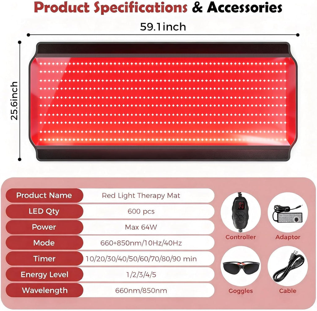 Full Body Red Light Therapy Mat, 59.1'*25.6' Whole Red Light Therapy Pad for Body with 660nm & 850nm, 600 LEDs redlight Blanket with Adjustable Timer & Intensity, Gifts for Women, Men, and Pets