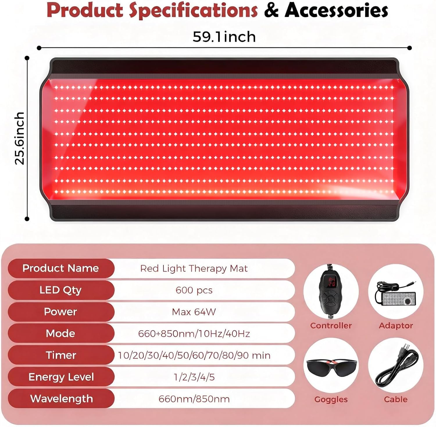 Full Body Red Light Therapy Mat, 59.1'*25.6' Whole Red Light Therapy Pad for Body with 660nm & 850nm, 600 LEDs redlight Blanket with Adjustable Timer & Intensity, Gifts for Women, Men, and Pets