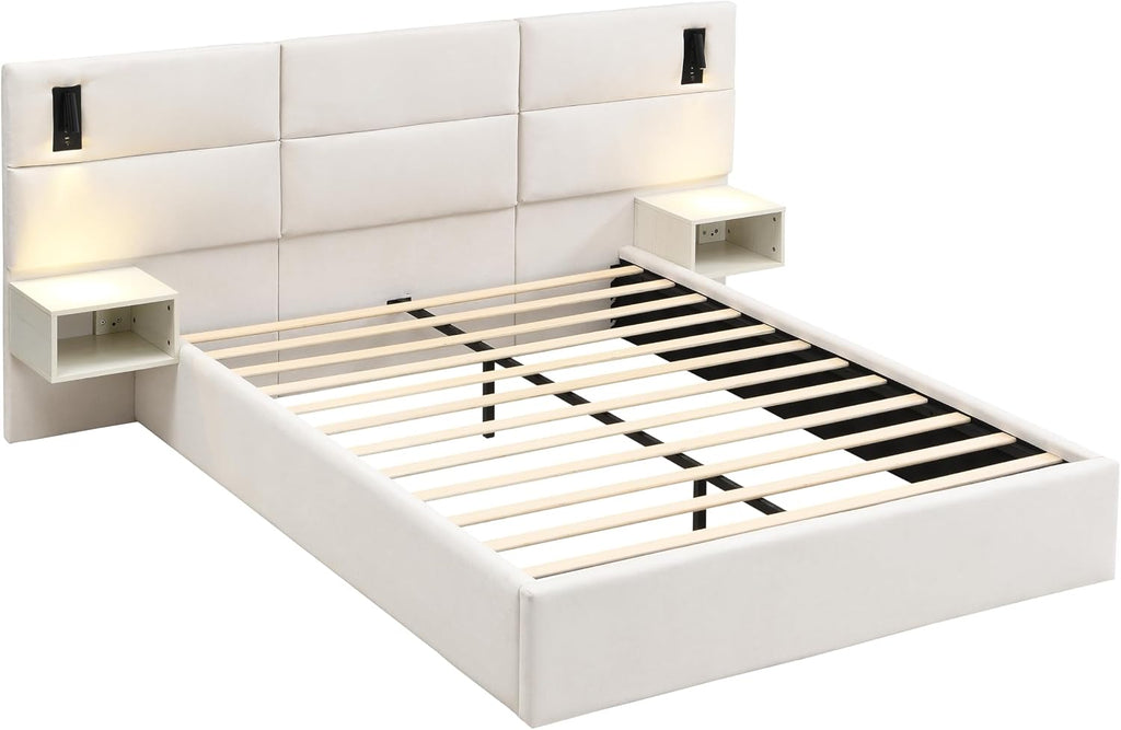 Merax Queen Size Chenille Upholstered Bed Frame with Wide headboard and Small Reading Lamp and Side Nightstand for Adults, Heavy Duty Steel Center Beam for Support, No Box Spring Needed, White
