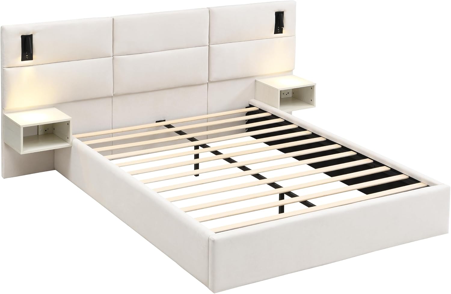 Merax Queen Size Chenille Upholstered Bed Frame with Wide headboard and Small Reading Lamp and Side Nightstand for Adults, Heavy Duty Steel Center Beam for Support, No Box Spring Needed, White