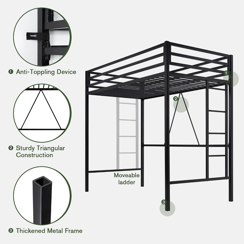 MUTICOR Twin Loft Bed Frame for Juniors and Adults with Safety Guardrail and Ladder,Metal Slats Support, Small Space Saving Furniture for Bedroom Kids Room and Dorm,Black