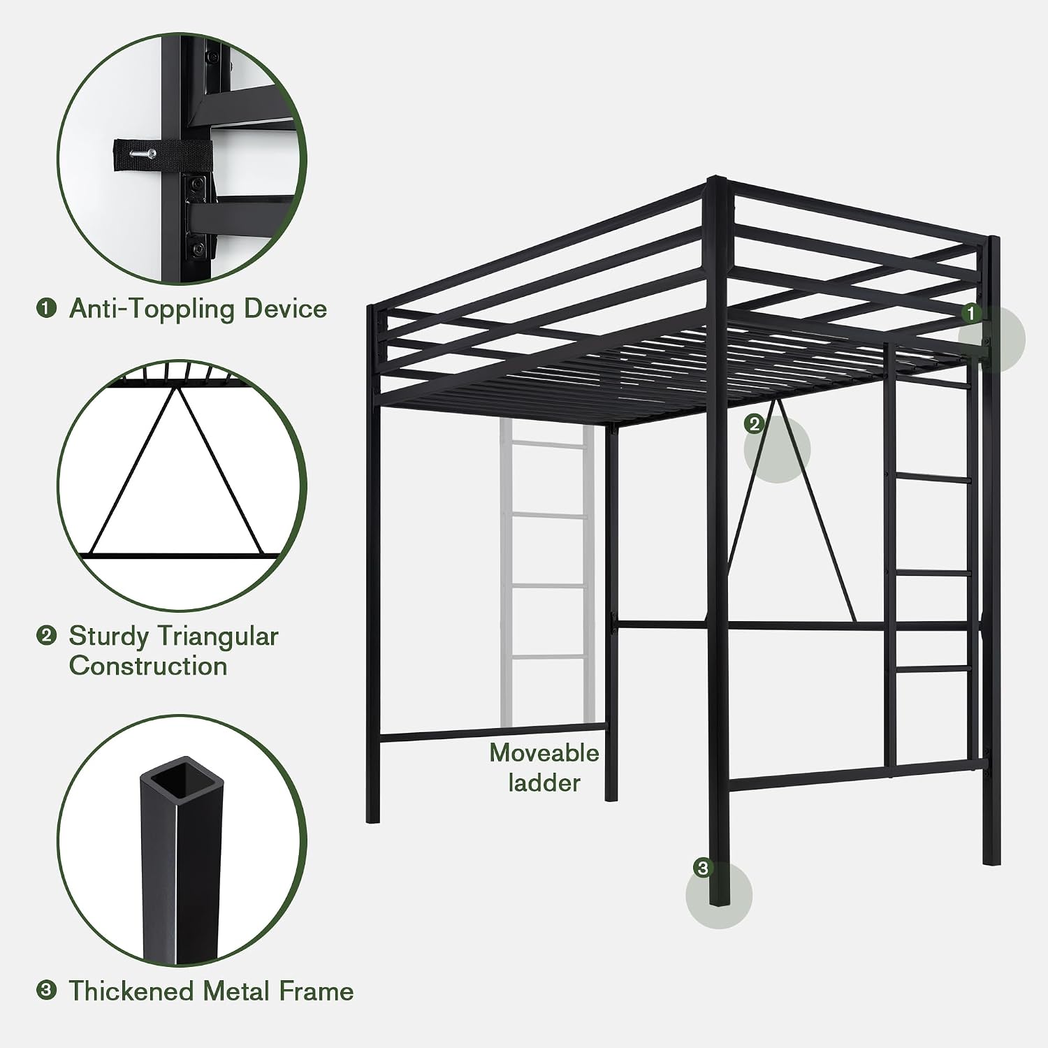 MUTICOR Twin Loft Bed Frame for Juniors and Adults with Safety Guardrail and Ladder,Metal Slats Support, Small Space Saving Furniture for Bedroom Kids Room and Dorm,Black