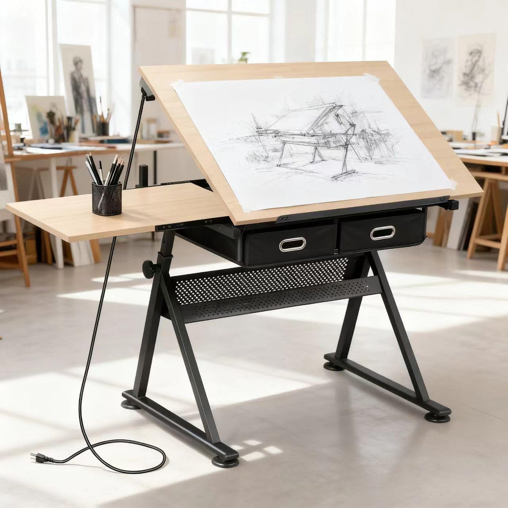ZENY Adjustable Drafting Table with Stool, Tilting Drawing Desk Artist Table with Storage Drawers, Art Craft Workstation for Home Office Reading, Writing, Crafting (Brown-with Outlet)