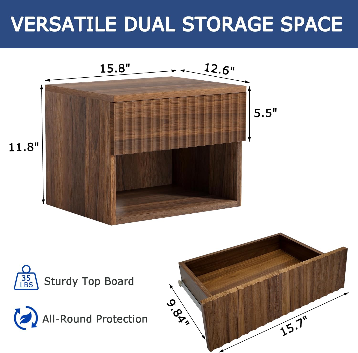 Floating Nightstand Set of 2, Wall Mounted Cabinet with Storage Drawer, Bedroom Bedside Table with LED Light, Modern Night Stand for Dorm Hallway Entryway, Walnut