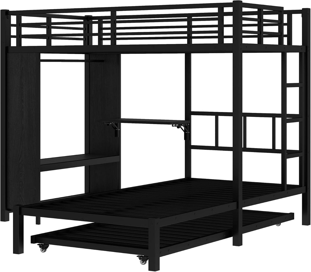 JIVOIT Metal Bunk Bed with Trundle, Twin Over Twin Bunk Bed with Foldable Desk, Built-in Wardrobe, Ladders and Safety Guard, Noise-Reduced Design, Space-Saving, No Box Spring Needed