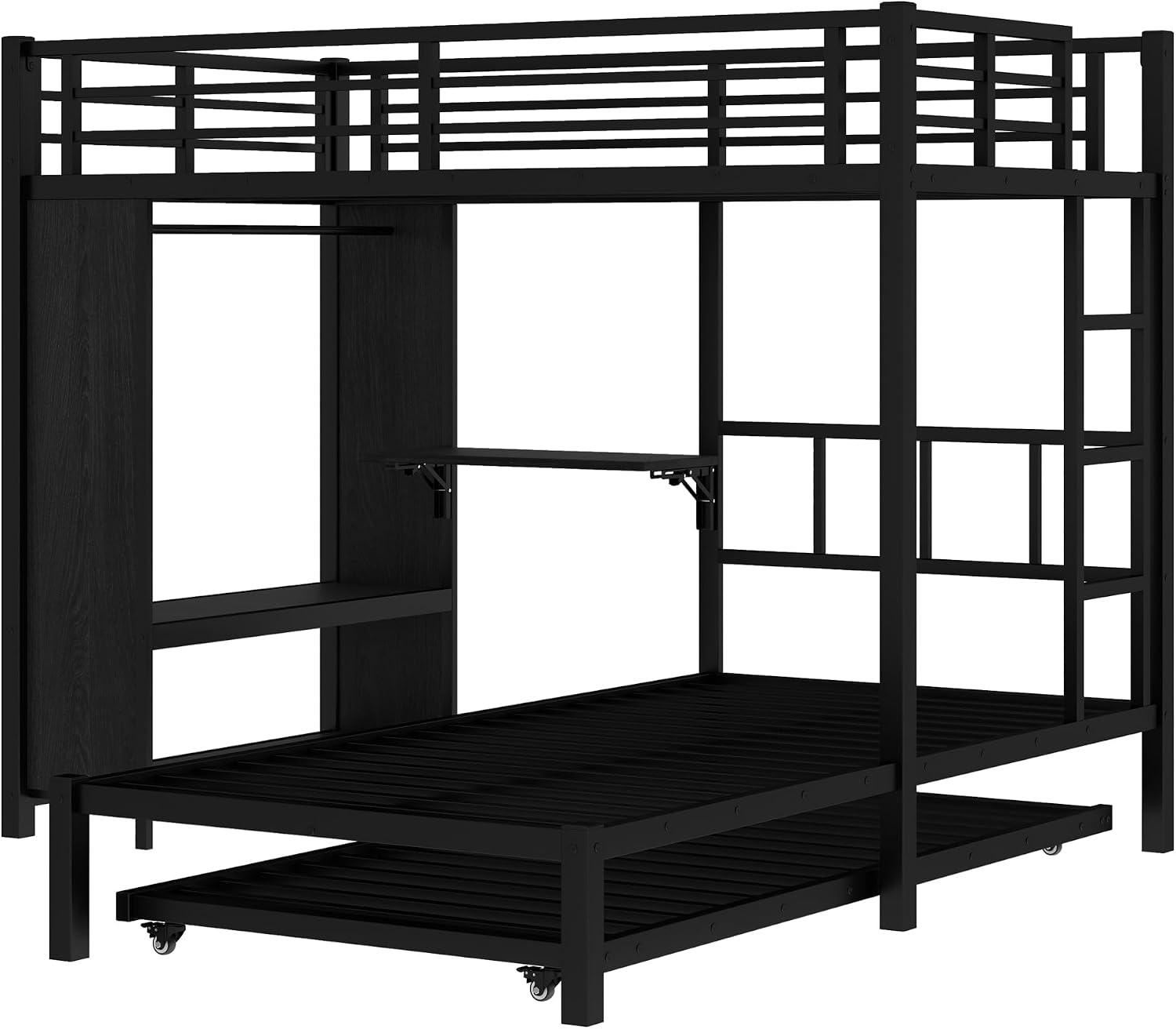 JIVOIT Metal Bunk Bed with Trundle, Twin Over Twin Bunk Bed with Foldable Desk, Built-in Wardrobe, Ladders and Safety Guard, Noise-Reduced Design, Space-Saving, No Box Spring Needed